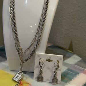 CAbi NWT Silver-Tone Padlock Necklace and Earrings Set